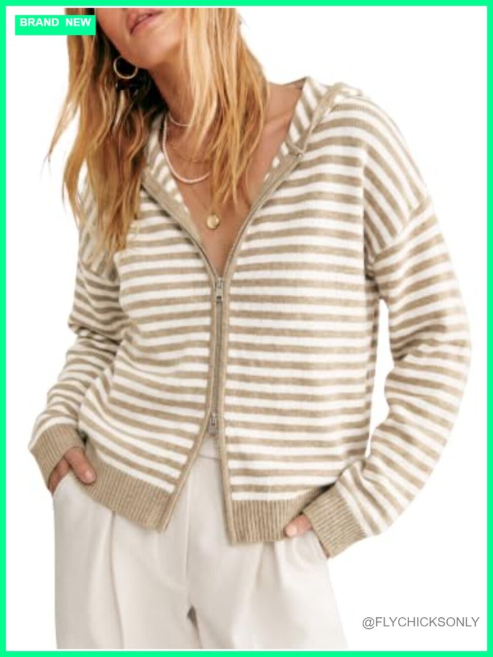 Striped Zip Up Knit Cardigan Sweater with Hood